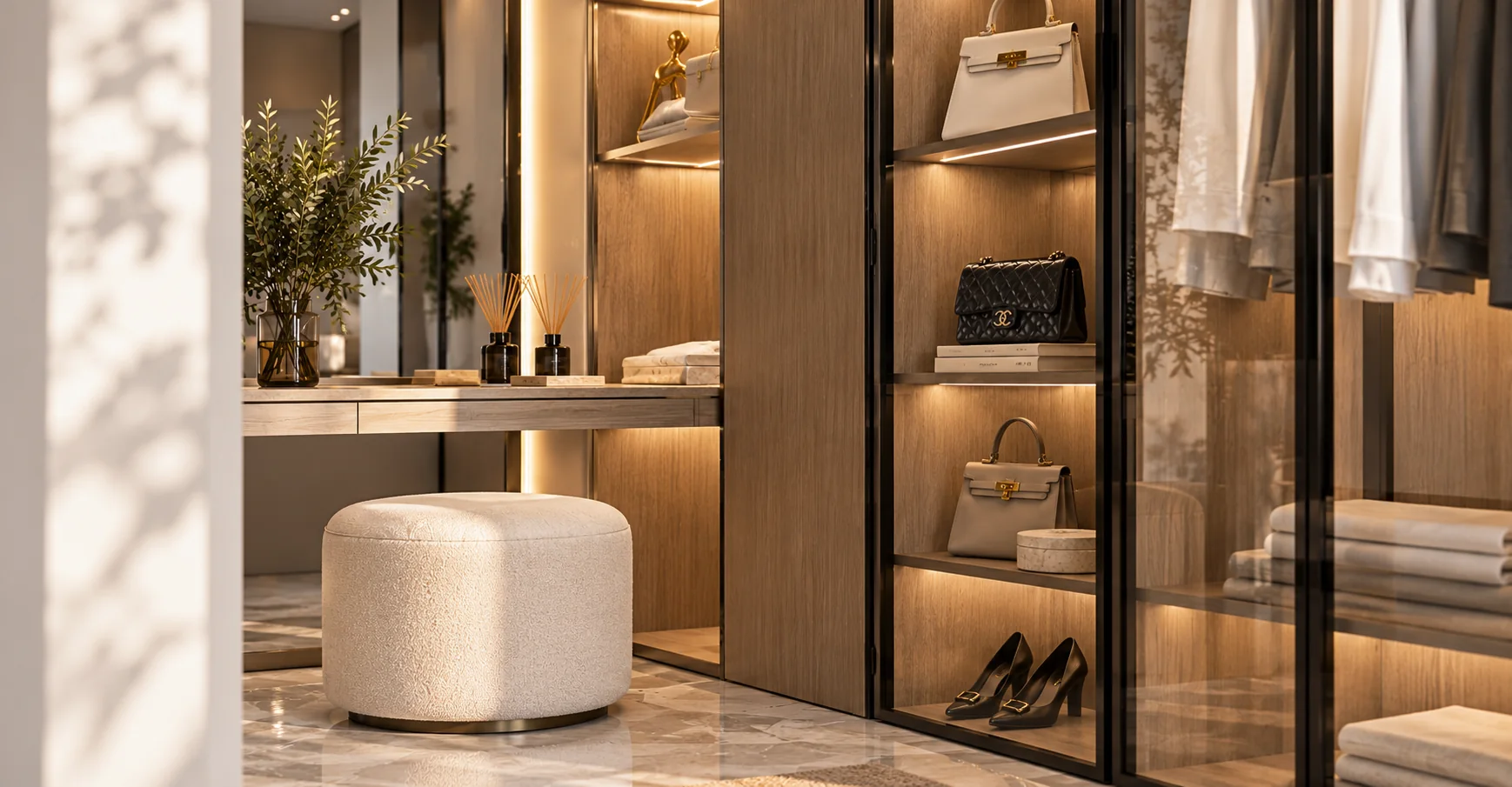 Neo-classic wardrobe vanity and display cabinets