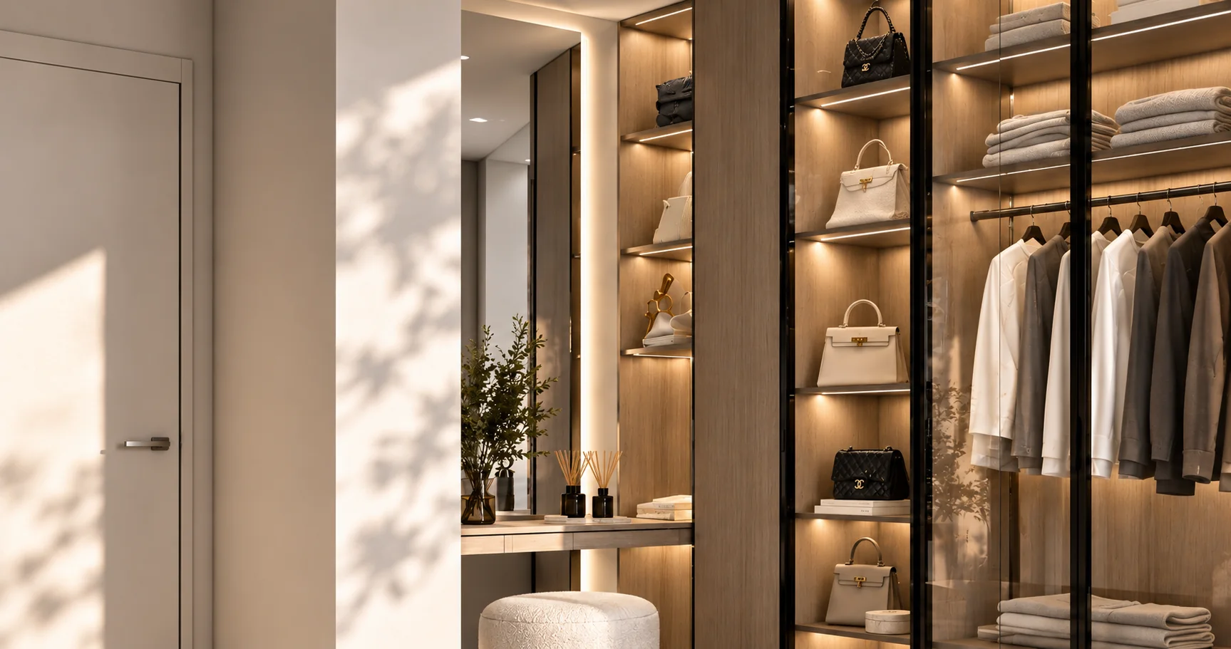 Neo-classic walk-in wardrobe with warm lighting