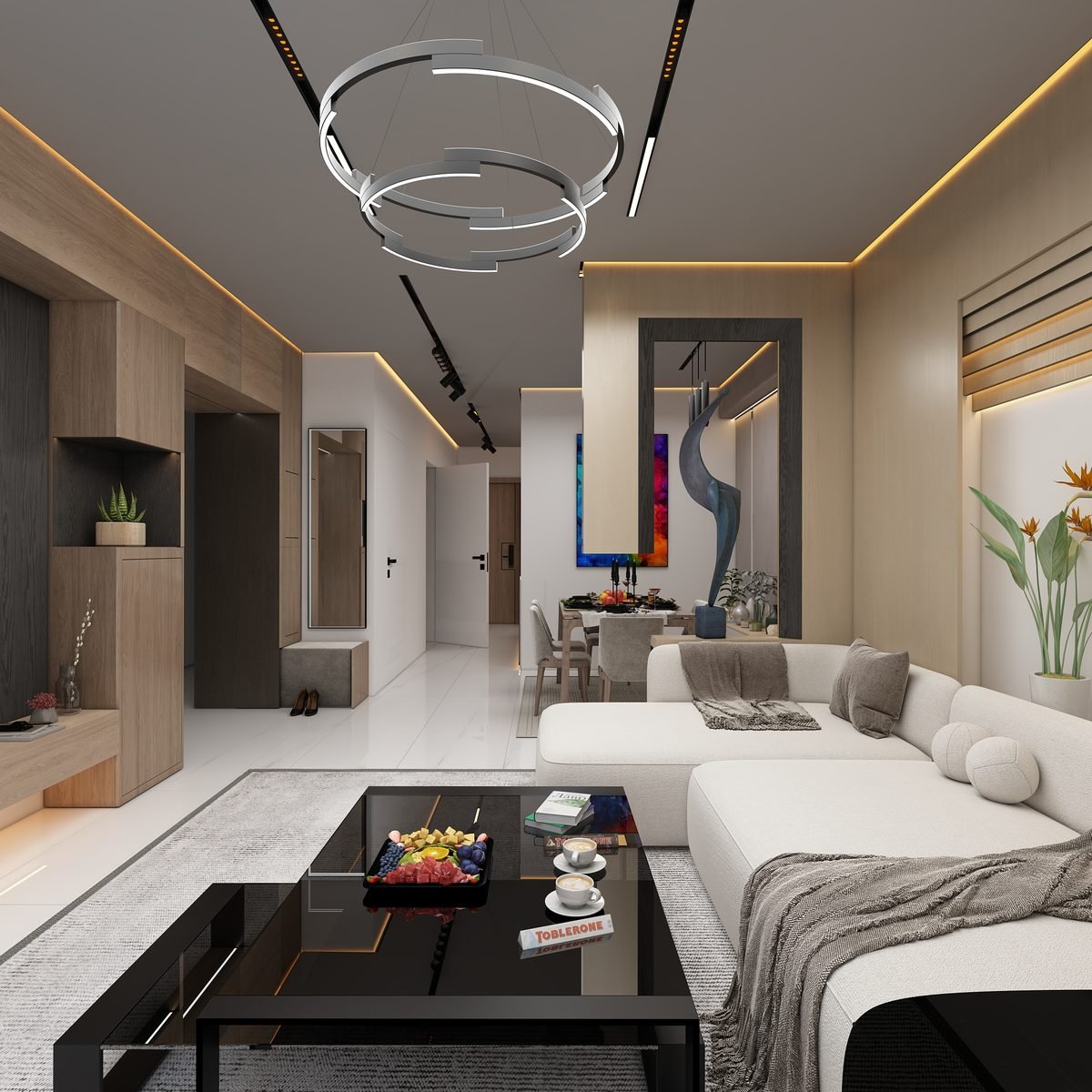 Spacious modern reception with dining area