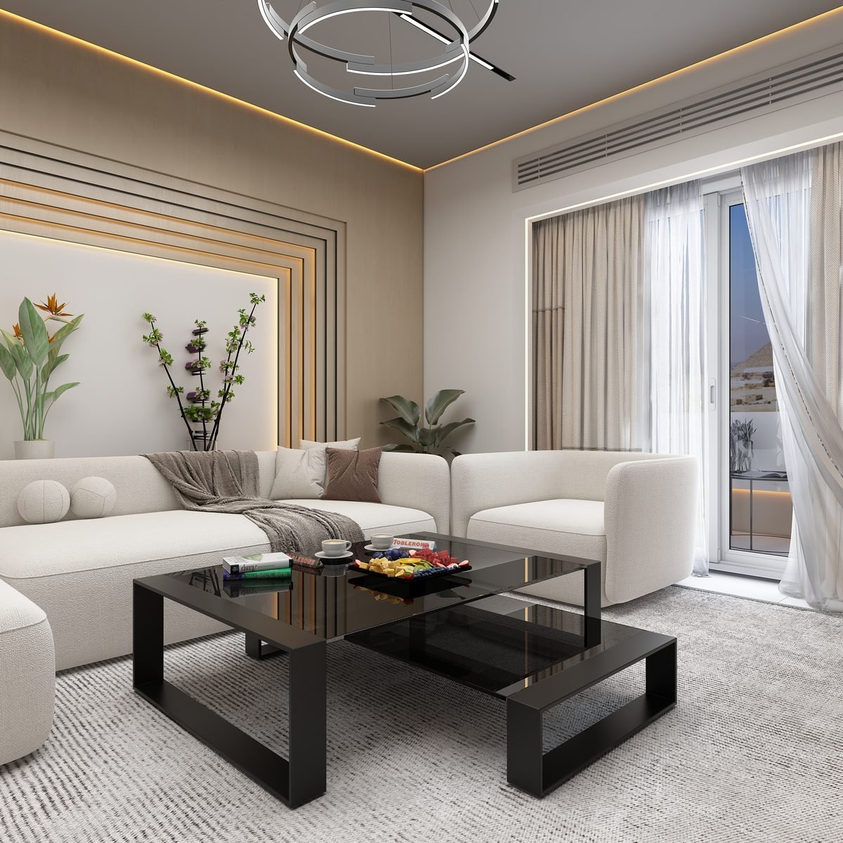 Modern living space with ceiling lighting