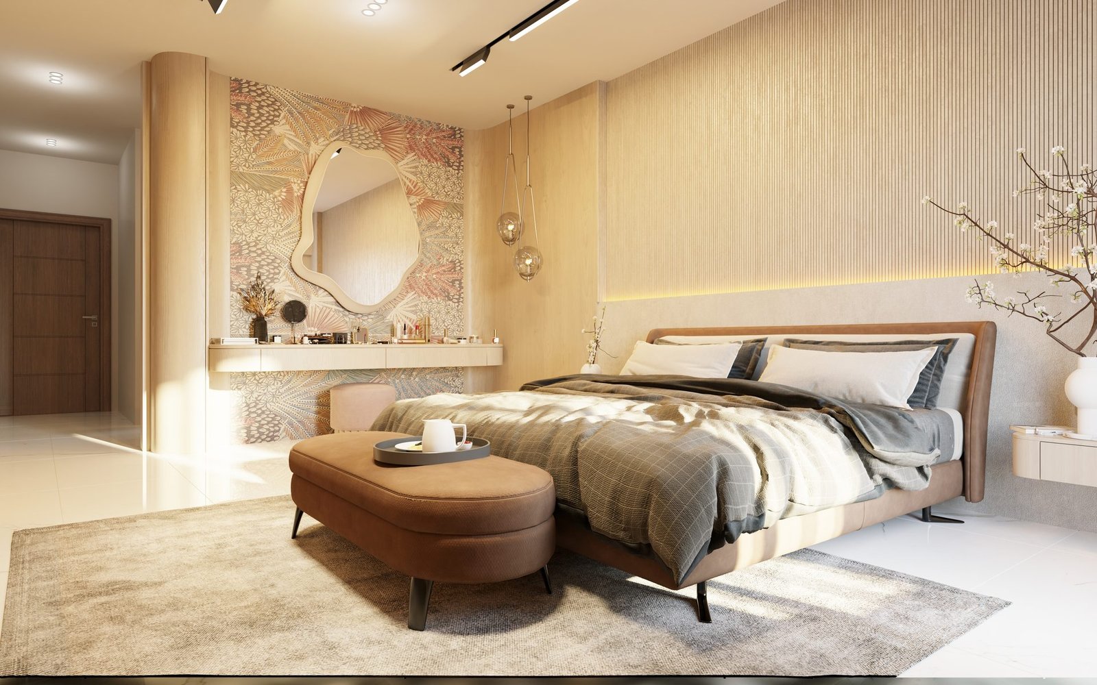 Master bedroom with botanical wallpaper and warm wood tones