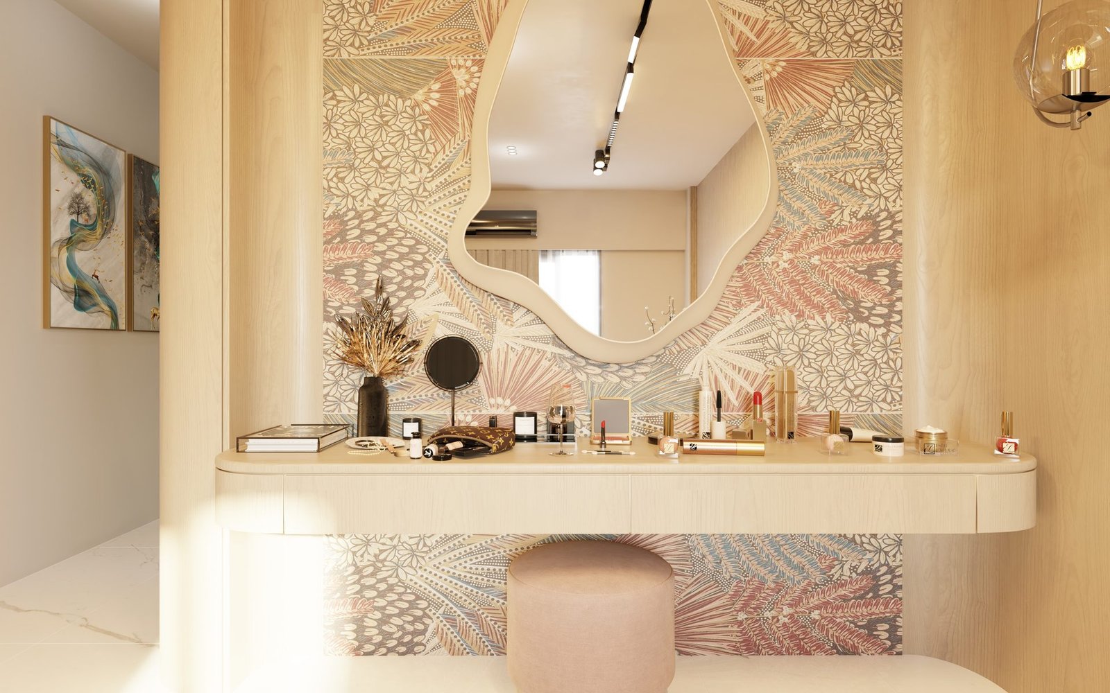 Master dressing area with organic mirror and botanical wallpaper