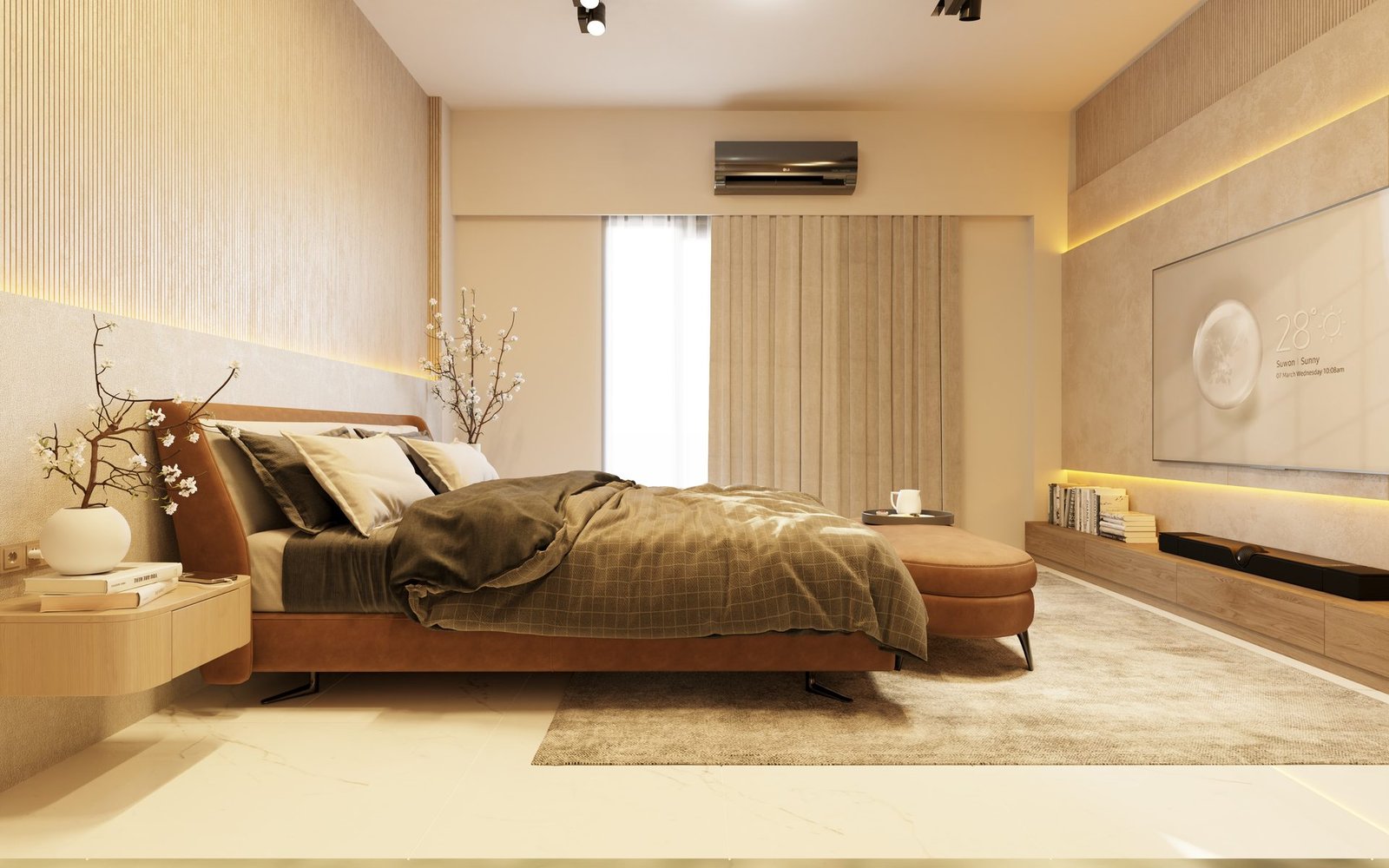 Luxury master bedroom with slatted wood wall panel